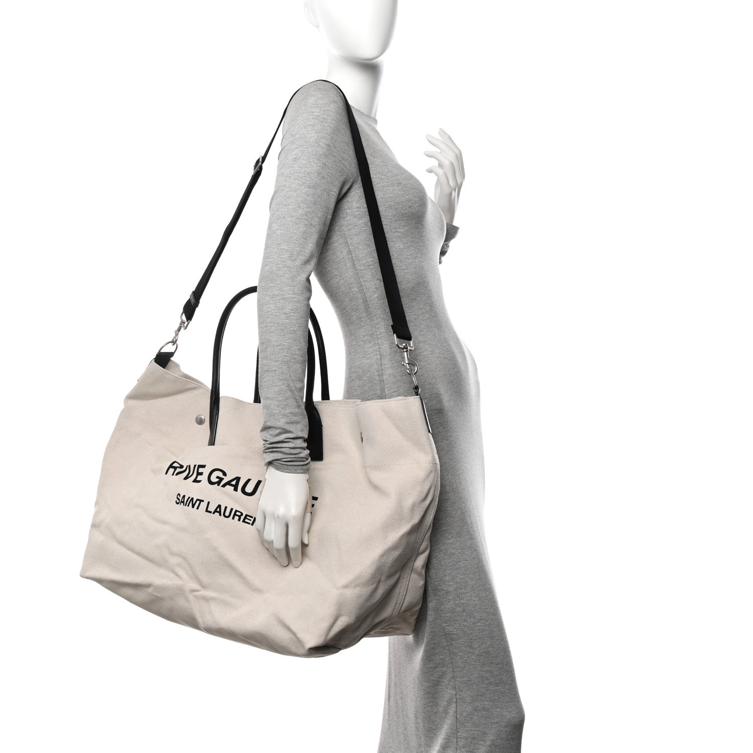 Saint Laurent Linen Calfskin Rive Gauche Maxi Tote Grege et Noir 2 of 12