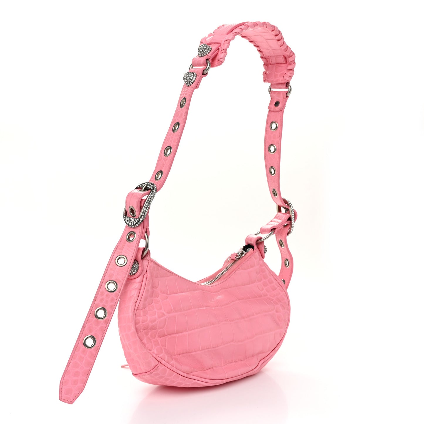 Extra Supple Calfskin Crystal Crocodile Embossed Le Cagole Shoulder Bag XS Sweet Pink