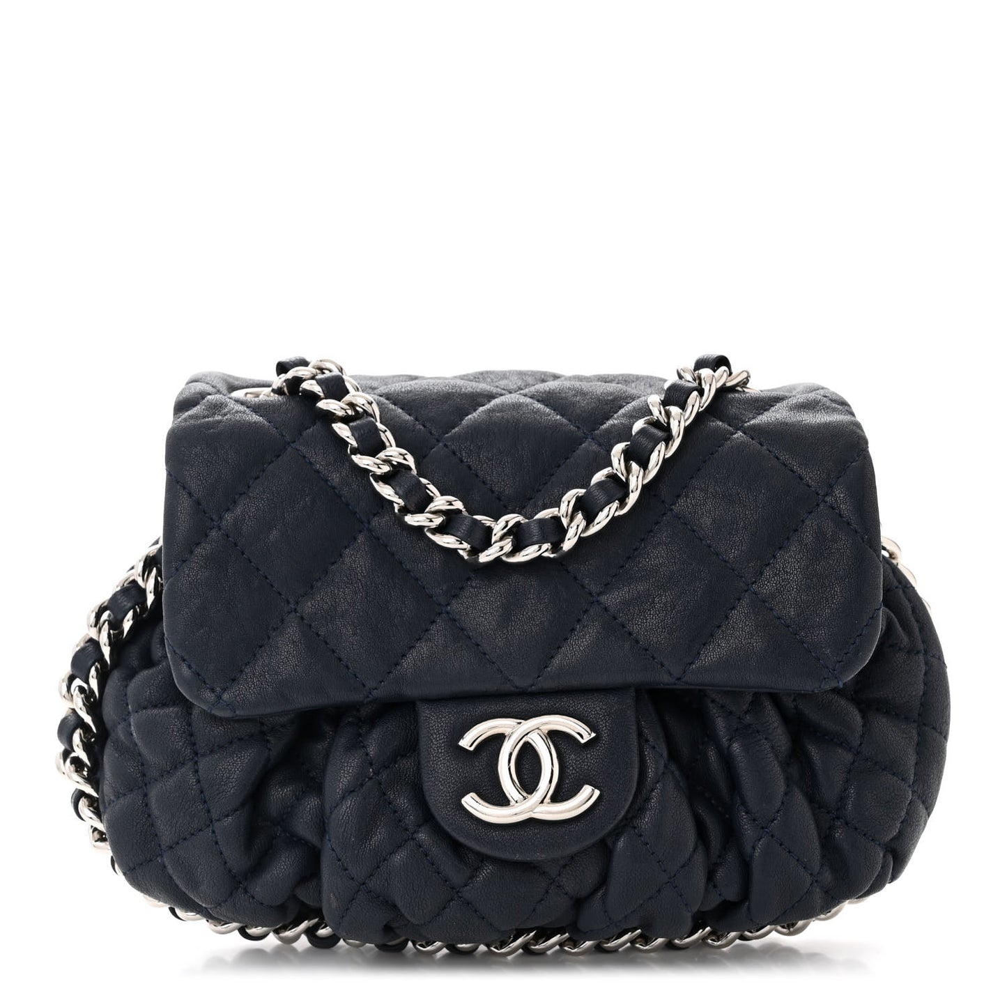 Washed Lambskin Quilted Mini Chain Around Flap Navy Blue