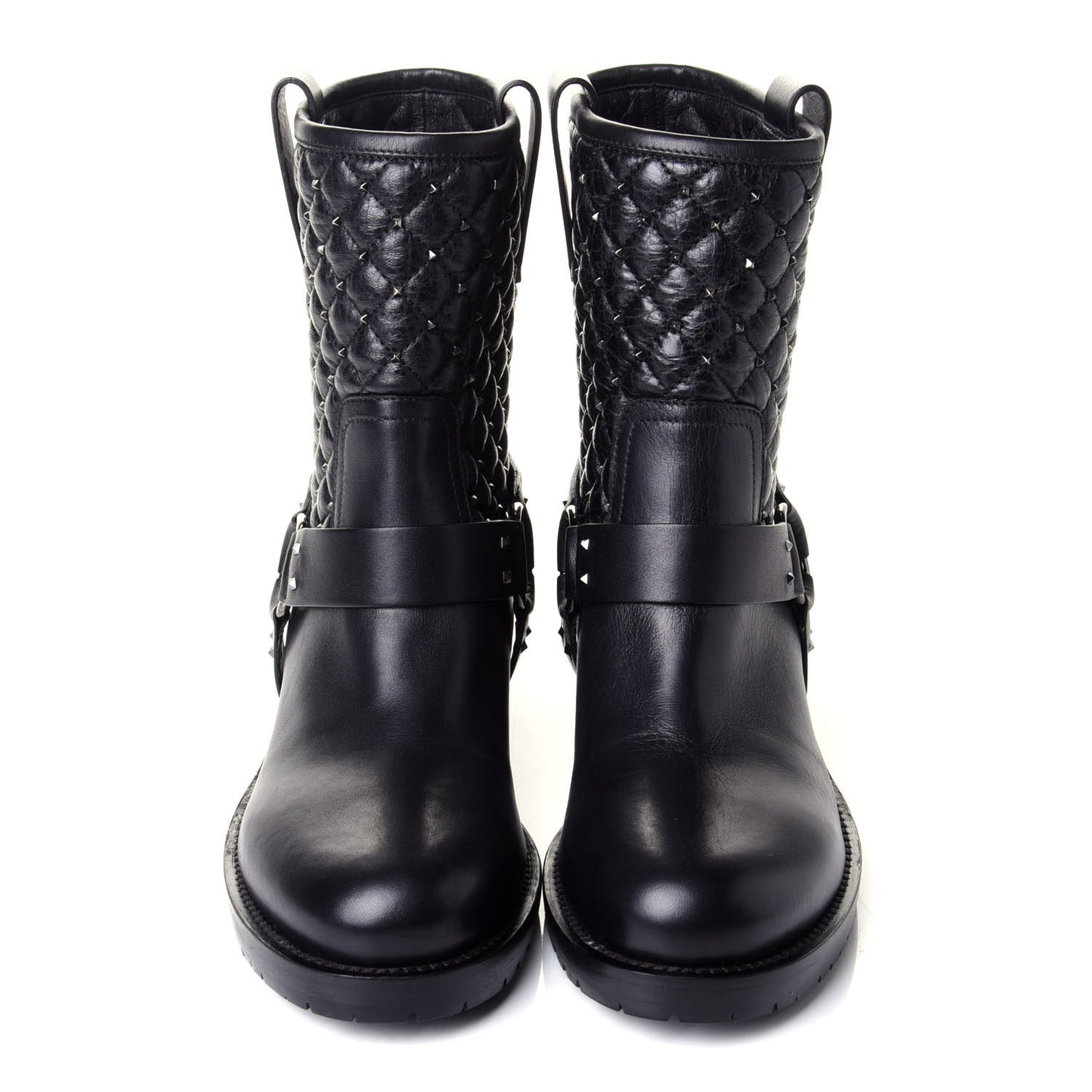 Calfskin Crackled Lambskin Rockstud Spike 20mm Biker Boots 38.5 Black