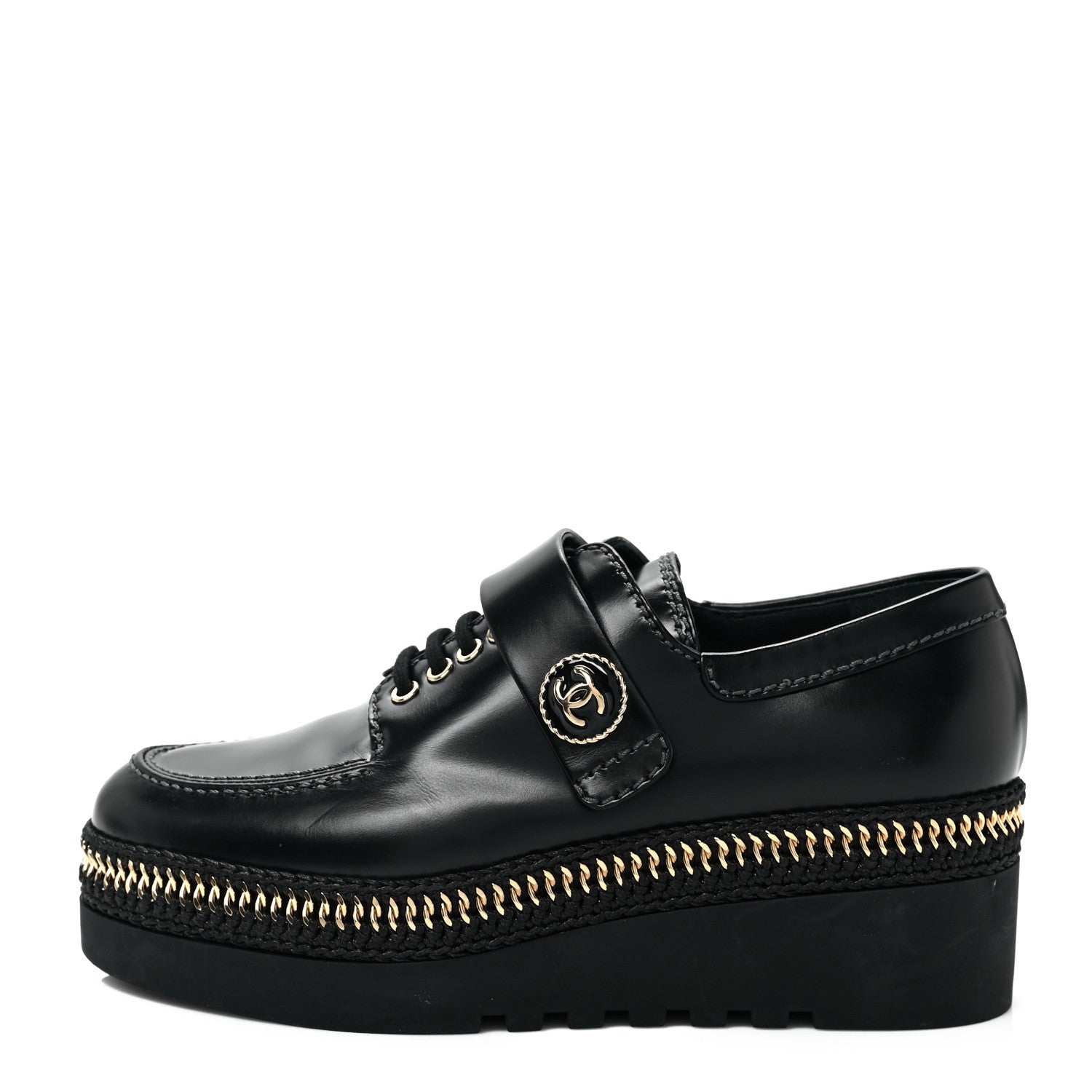 Chanel Shiny Calfskin Lace Up Platform Loafers 37 Black 1 of 8