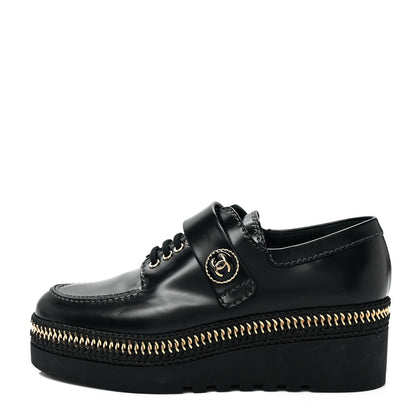 Chanel Shiny Calfskin Lace Up Platform Loafers 37 Black 1 of 8