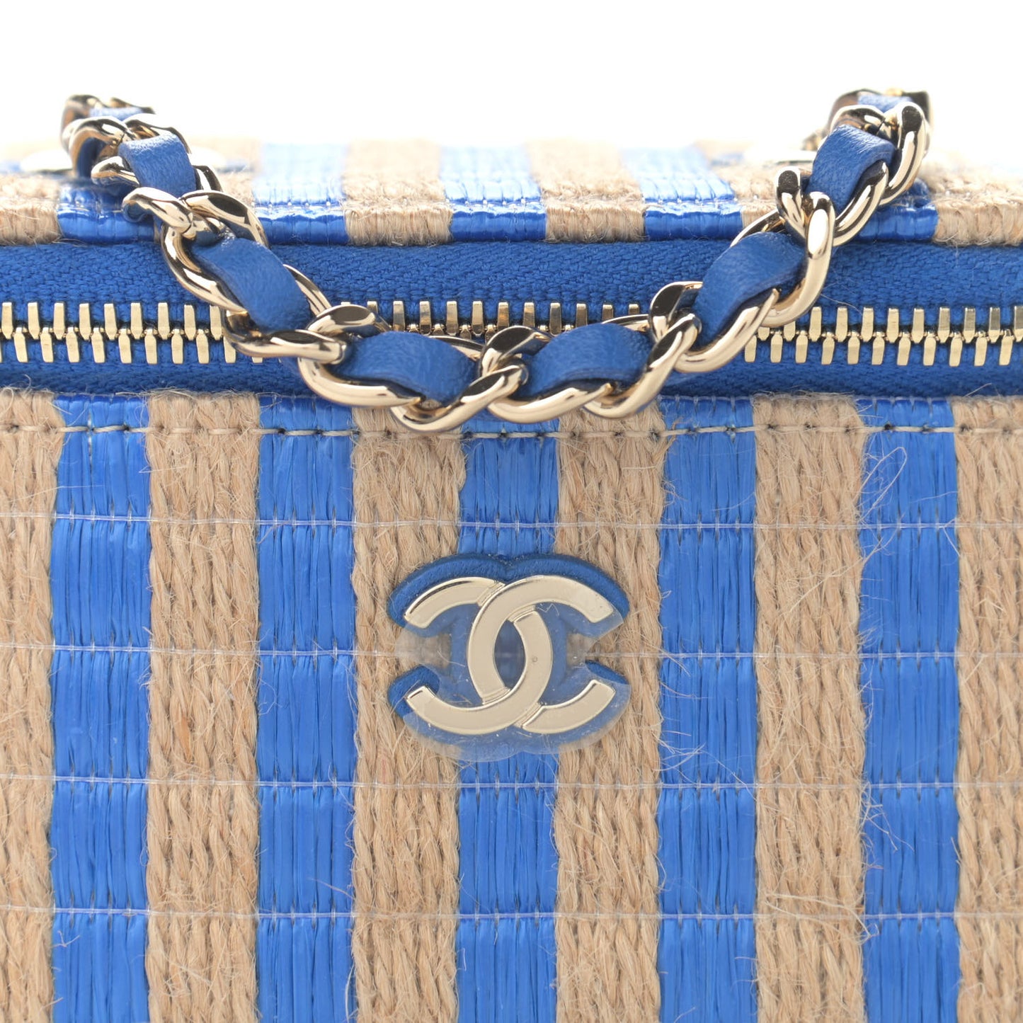 Raffia Jute Striped Mini Vanity Case With Chain Blue Beige
