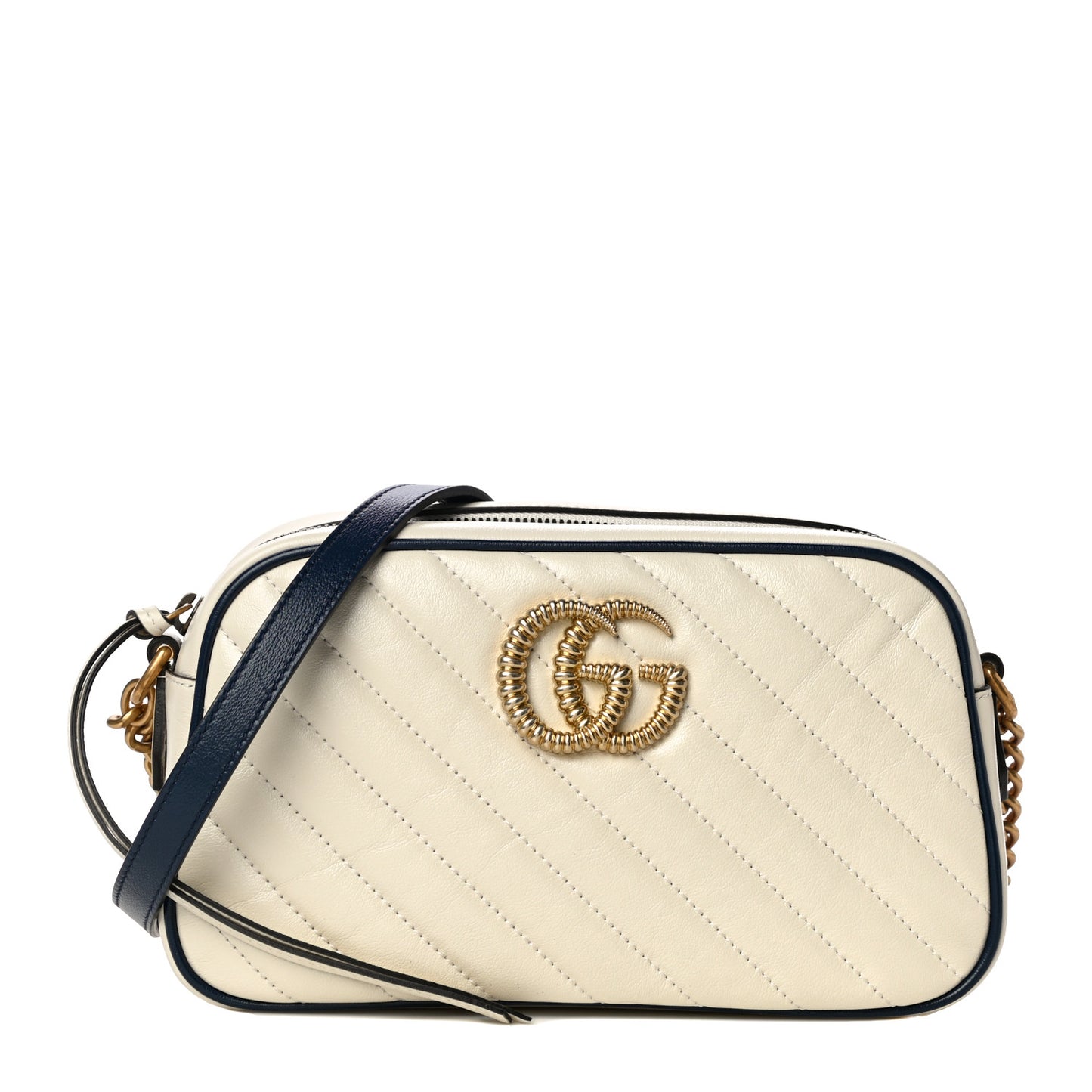Vintage Effect Calfskin Matelasse Diagonal Small Torchon GG Marmont Chain Shoulder Bag Mystic White Blue Agata