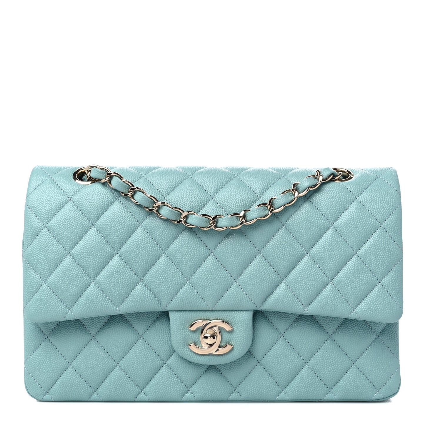 Caviar Quilted Medium Double Flap Light Blue