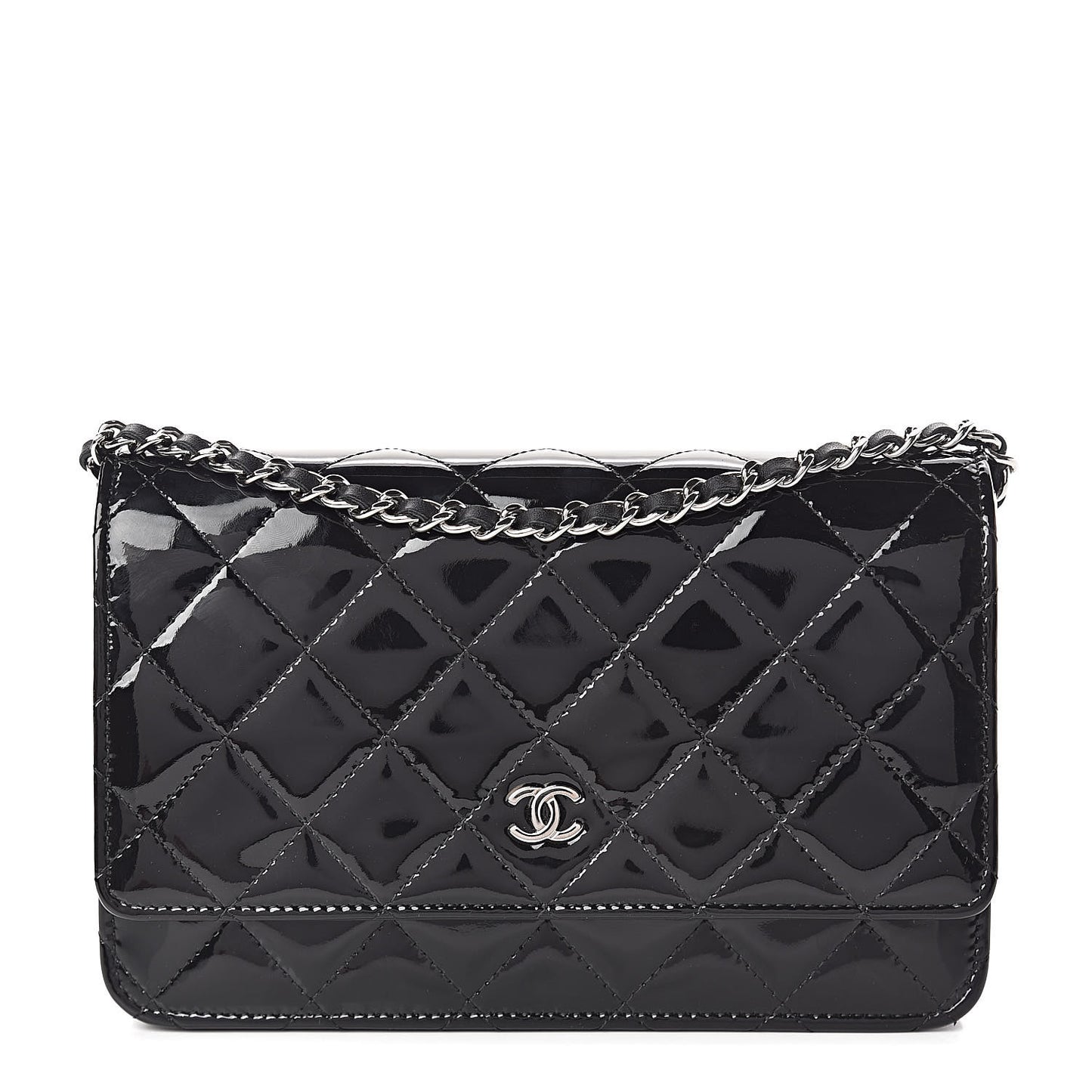 Patent Quilted Wallet On Chain WOC Black