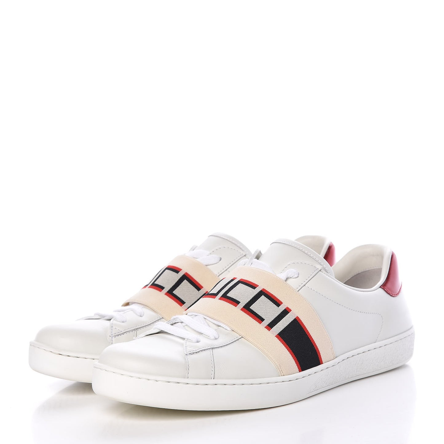 Calfskin Stripe Mens New Ace Sneakers 8 White Ecru Red Flame