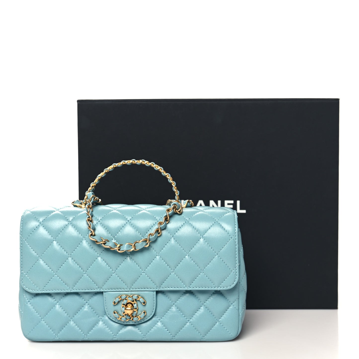 Lambskin Quilted Small Strass On Top Flap Bag Light Blue