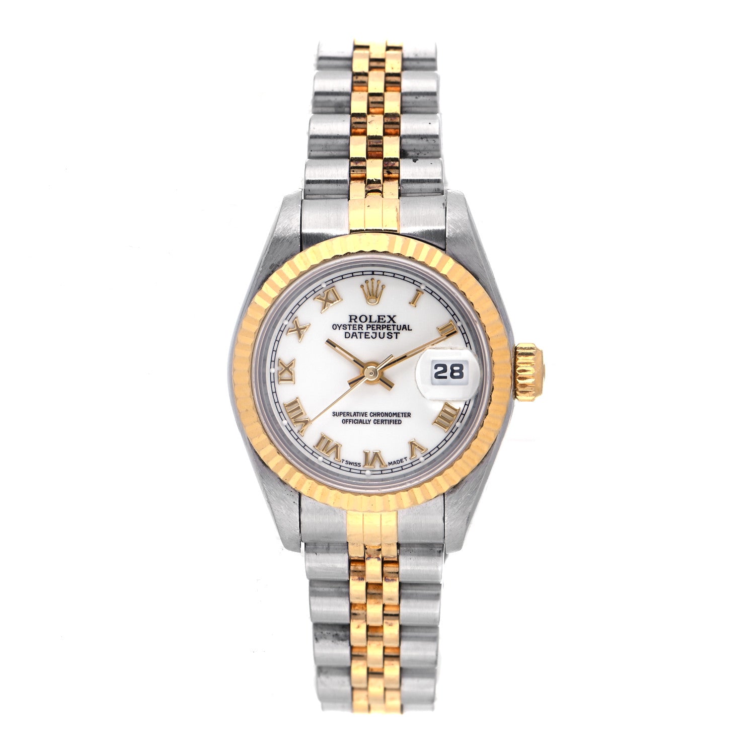 Rolex Stainless Steel 18K Yellow Gold 26mm Oyster Perpetual Datejust Watch White Roman 69173 1 of 6