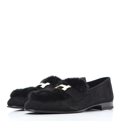 Hermes Mink Fur Suede Goatskin Paris Loafers 35 Black 3 of 10