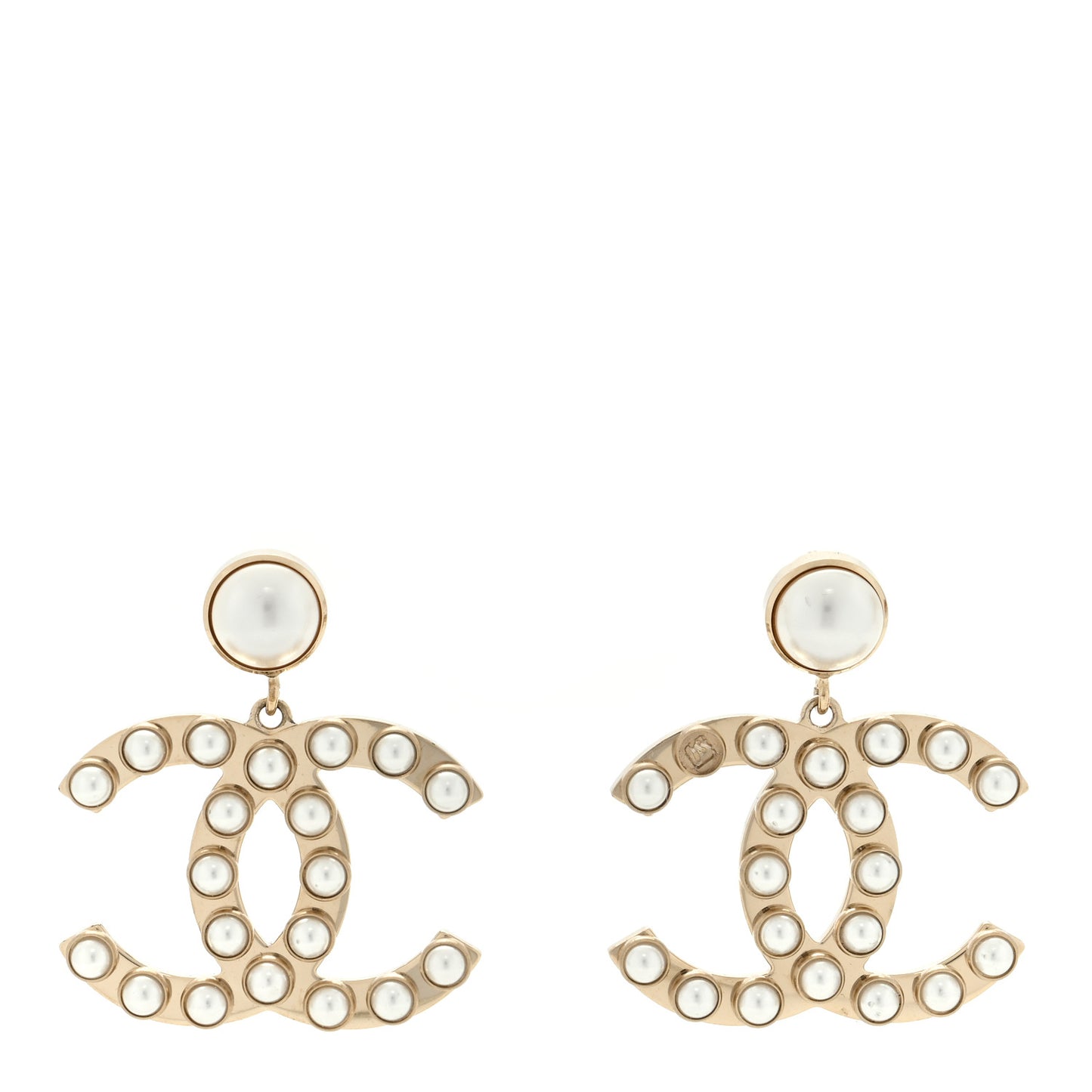 Metal Pearl CC Dangle Earrings Gold