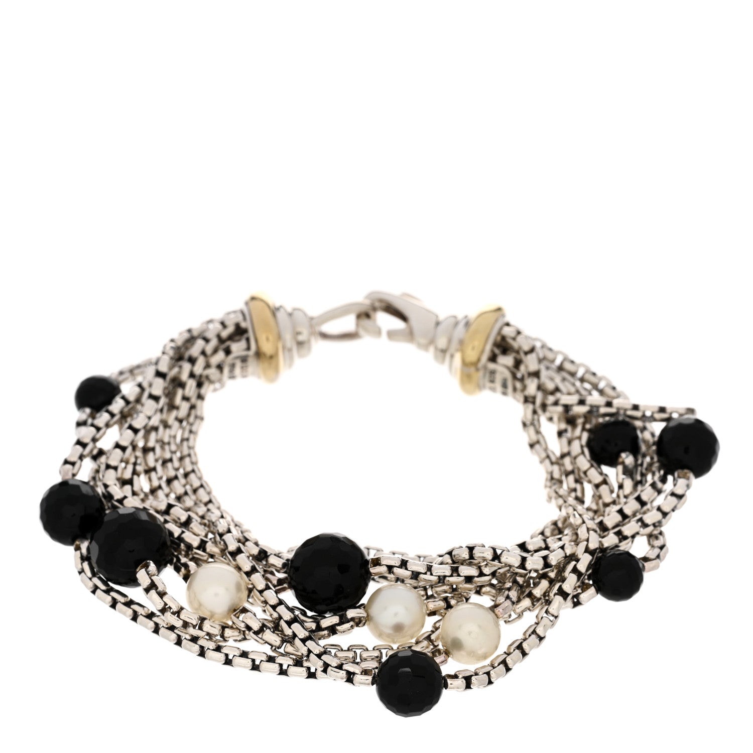 David Yurman Sterling Silver 18K Yellow Gold Pearl Onyx Multi Strand Box Chain Bracelet 1 of 3