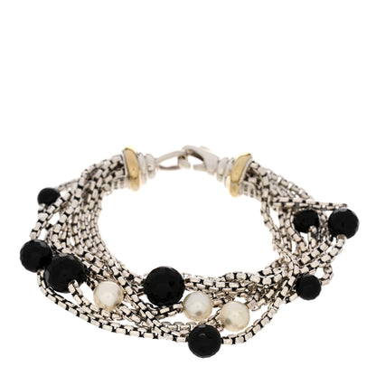 David Yurman Sterling Silver 18K Yellow Gold Pearl Onyx Multi Strand Box Chain Bracelet 1 of 3