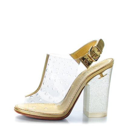 Chanel Metallic Calfskin PVC Peep Toe Heels 35.5 Gold 1 of 8