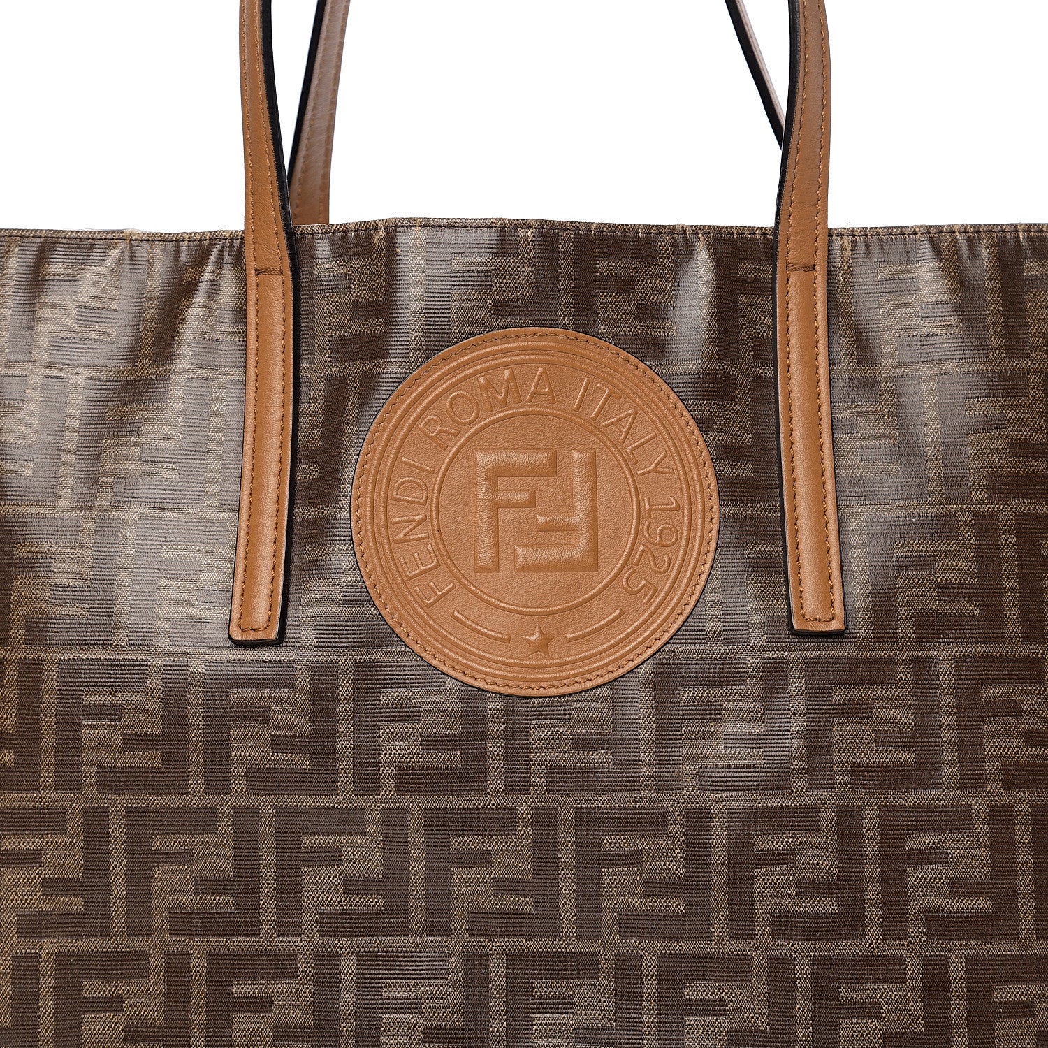 Fendi Glazed Fabric Vitello Century FF 1974 Stamp Patch Shopping Tote Mogano Panna Caramello 10 of 12