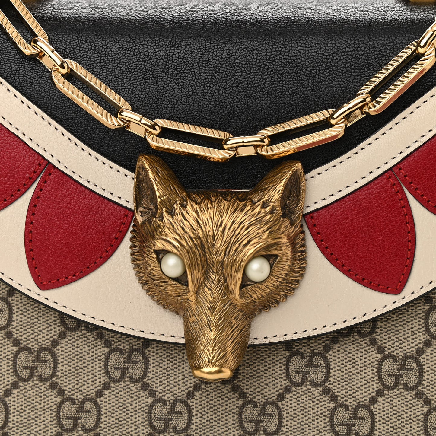 GG Supreme Monogram Goatskin Pearl Mini Fox Broche Bamboo Top Handle Bag Beige Ebony Black Hibiscus Red Mystic White