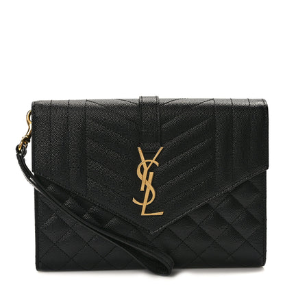 Saint Laurent Grain De Poudre Textured Mixed Matelasse Triquilt Monogram Clutch Black 1 of 11