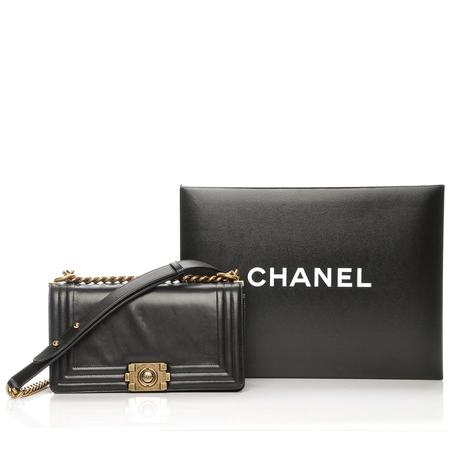 Glazed Calfskin Medium Boy Flap Black