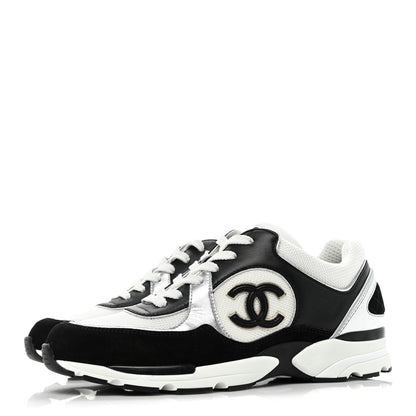 Chanel Calfskin Fabric Womens CC Sneakers 38.5 Black White Silver 3 of 8