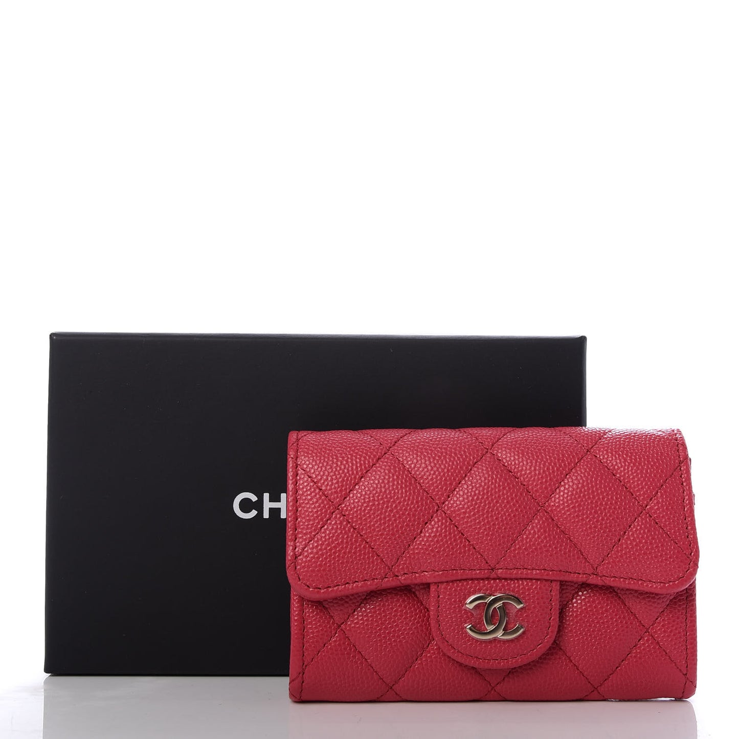 Caviar Quilted Flap Card Holder Wallet Dark Pink
