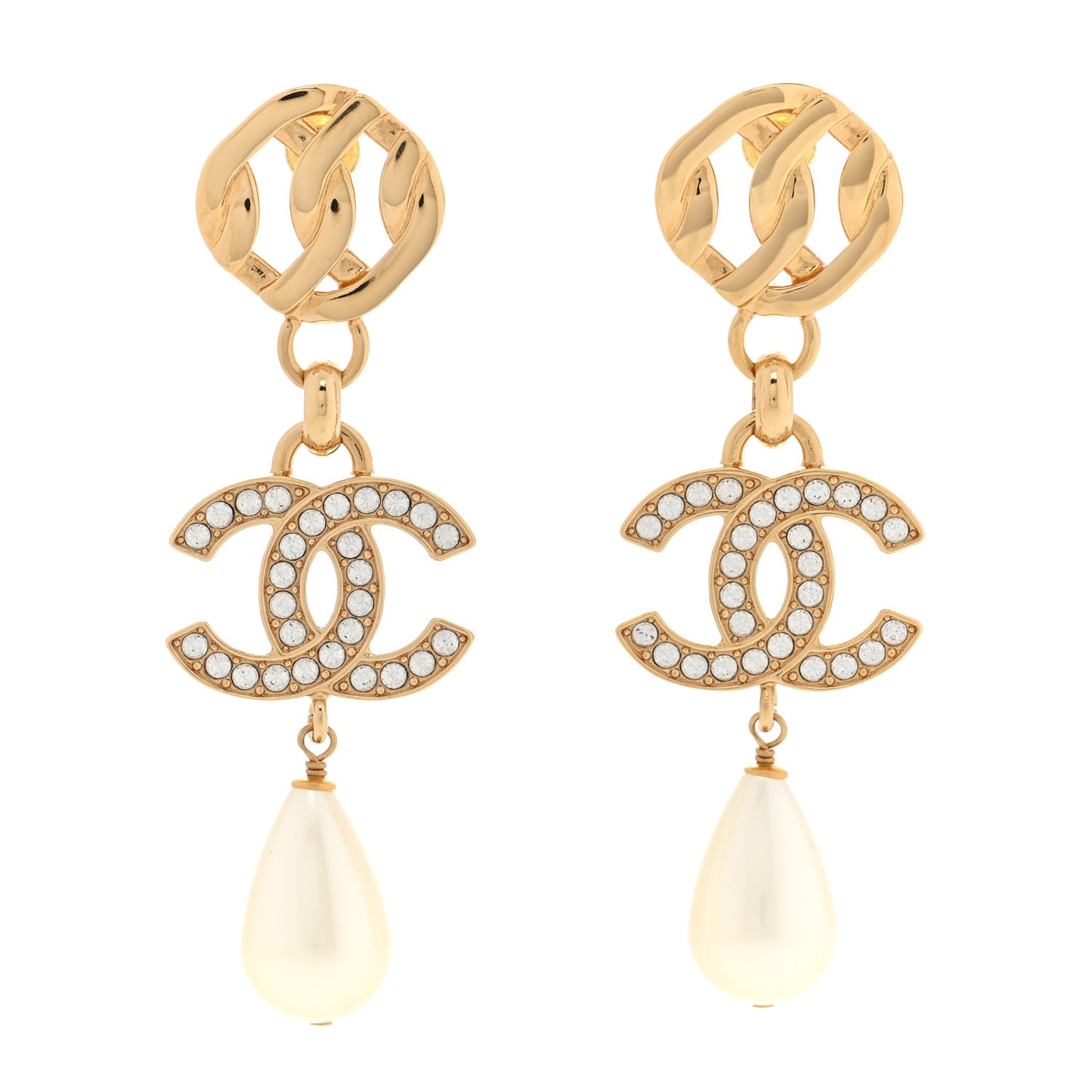 Metal Crystal Pearl CC Drop Earrings Gold White