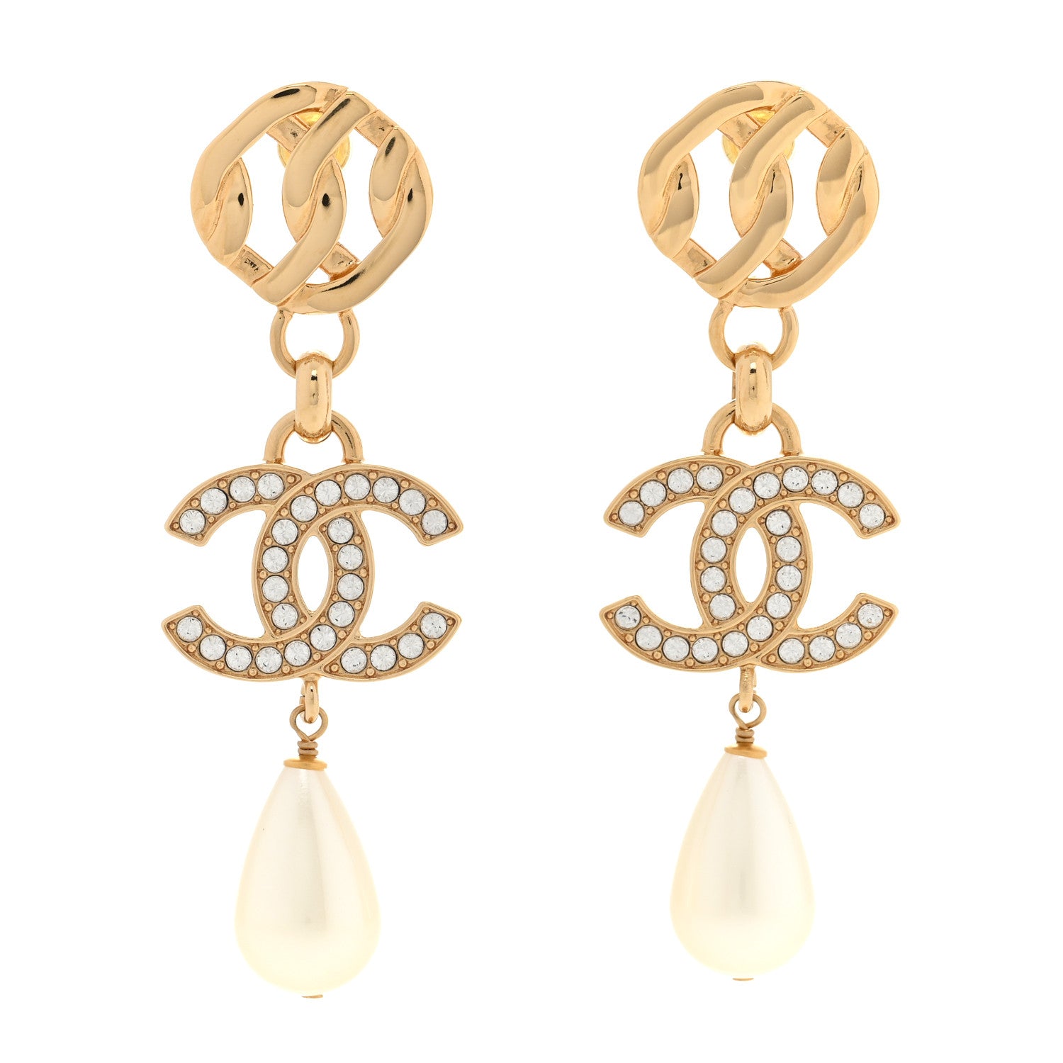 Chanel Metal Crystal Pearl CC Drop Earrings Gold White 1 of 5