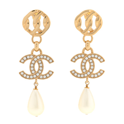 Chanel Metal Crystal Pearl CC Drop Earrings Gold White 1 of 5
