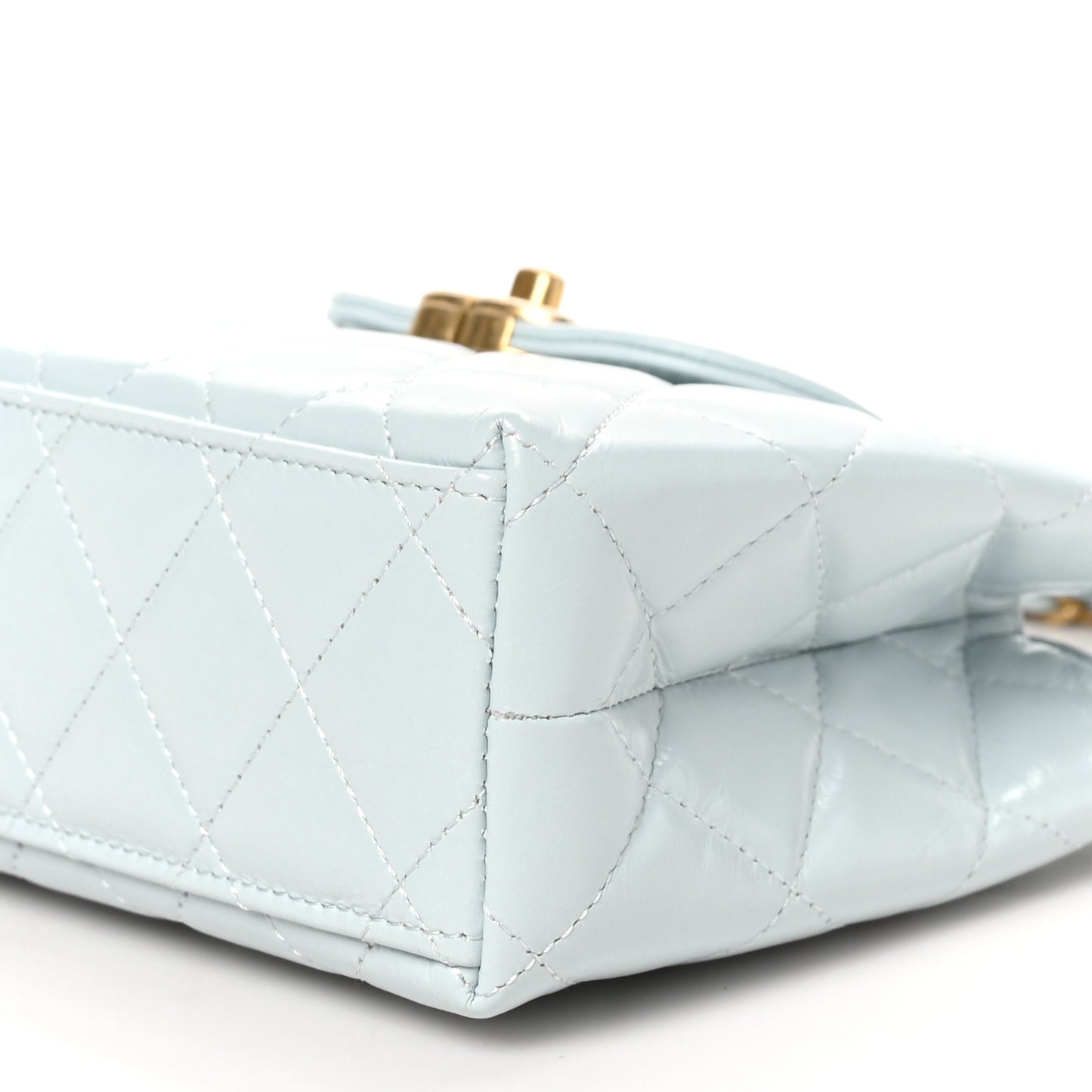 Shiny Aged Calfskin Quilted Nano Kelly Shopper Light Blue