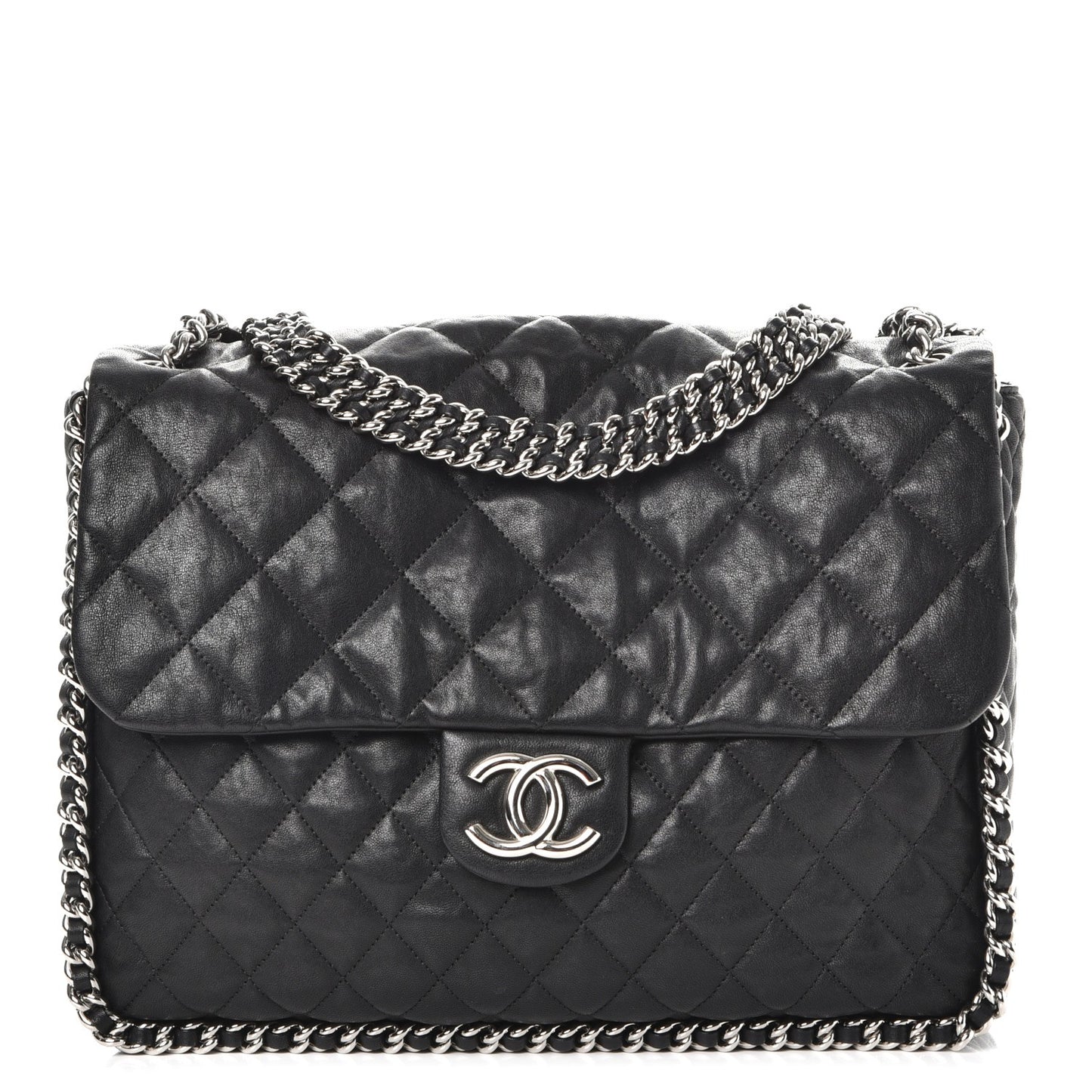 Washed Lambskin Quilted Maxi Chain Around Flap Black