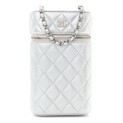 Chanel Metallic Lambskin Quilted Phone Holder With Chain Silver 1 of 12
