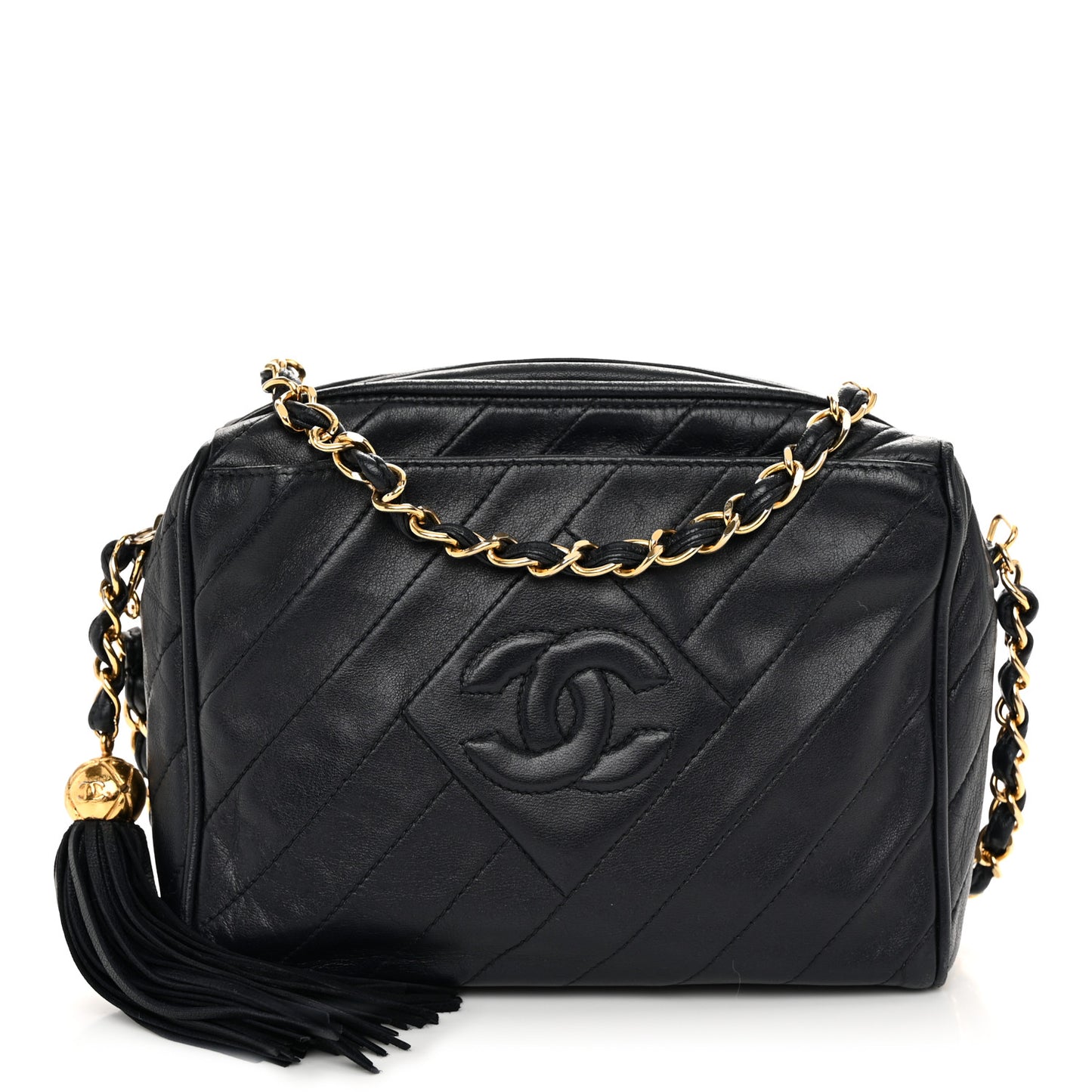 Lambskin Chevron Quilted Tassel Camera Case Navy