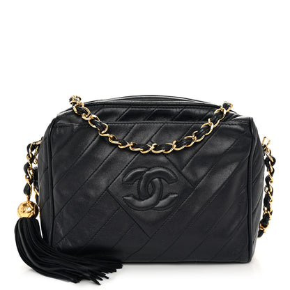 Chanel Lambskin Chevron Quilted Tassel Camera Case Navy 1 of 12