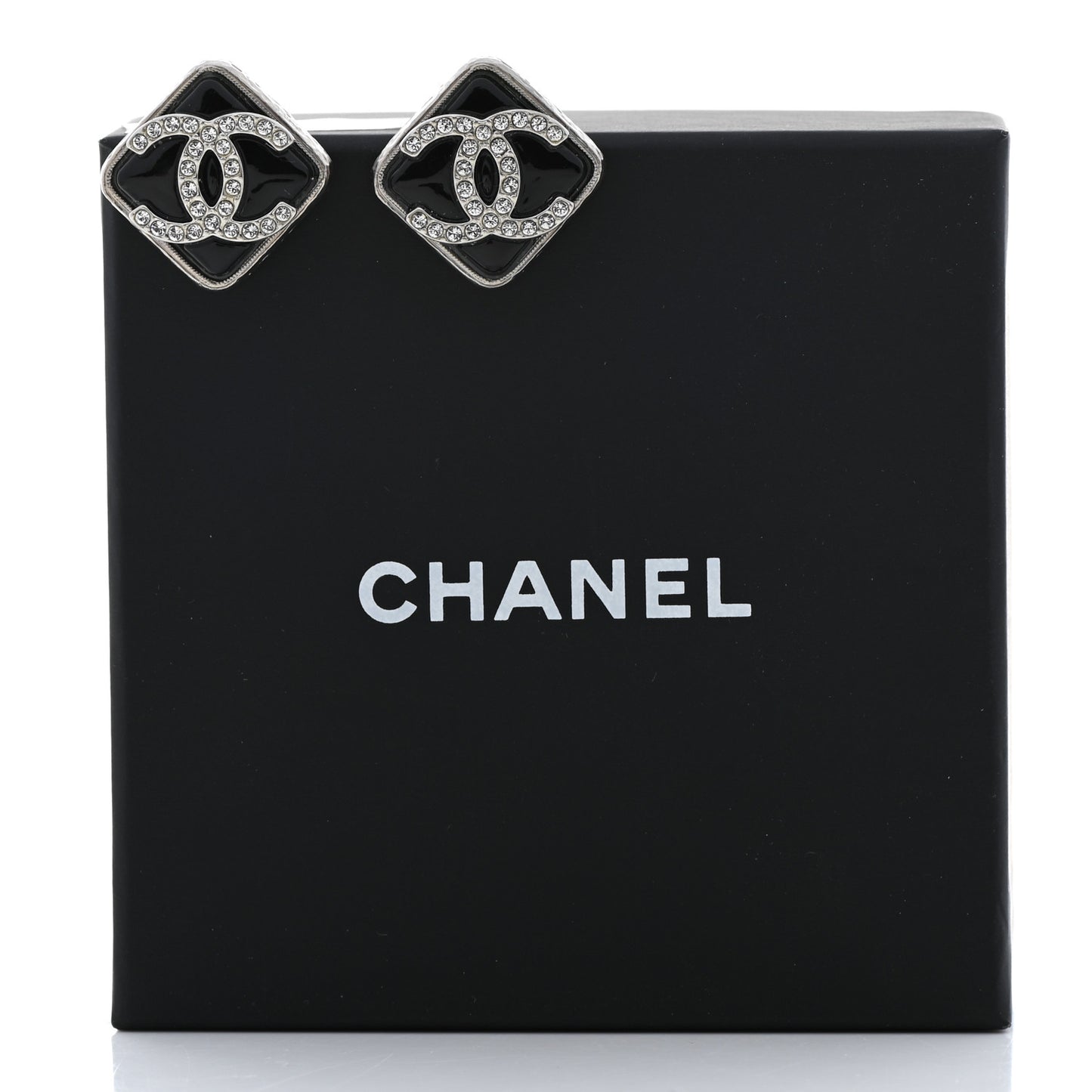 Crystal Square CC Earrings Silver Black