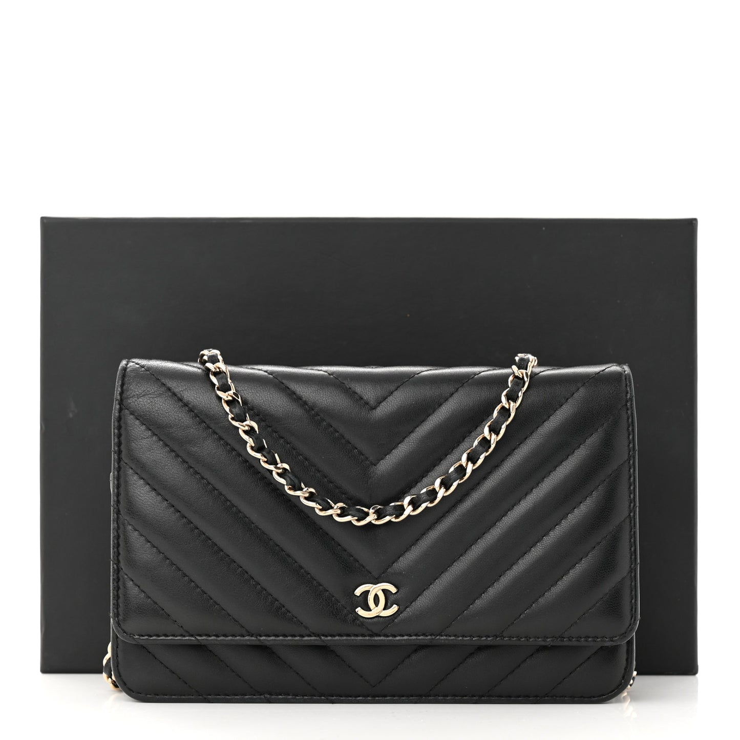 Lambskin Chevron Quilted Wallet On Chain WOC Black
