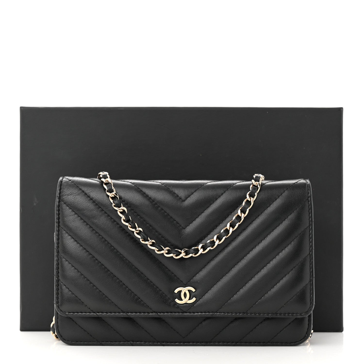 Chanel Lambskin Chevron Quilted Wallet On Chain WOC Black 12 of 12