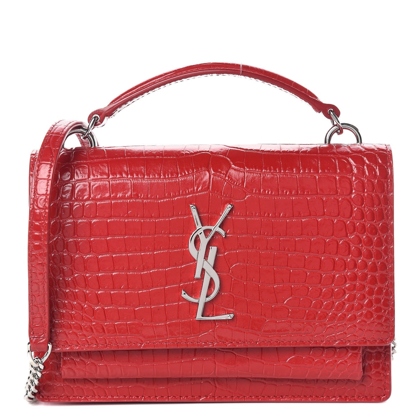 Calfskin Crocodile Embossed Monogram Sunset Chain Wallet New Lipstick Red