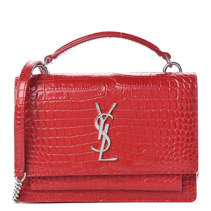 Saint Laurent Calfskin Crocodile Embossed Monogram Sunset Chain Wallet New Lipstick Red 1 of 8