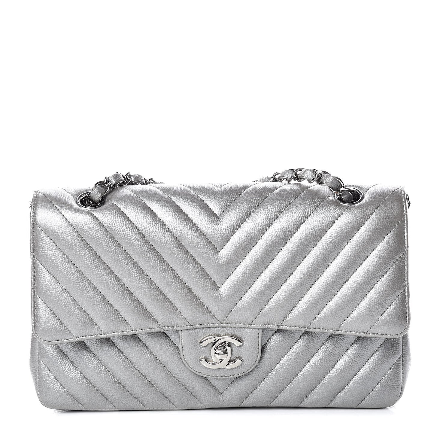 Metallic Caviar Chevron Quilted Medium Double Flap Silver