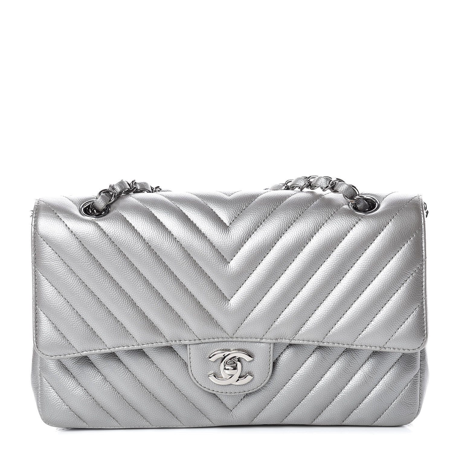 Chanel Metallic Caviar Chevron Quilted Medium Double Flap Silver 1 of 10