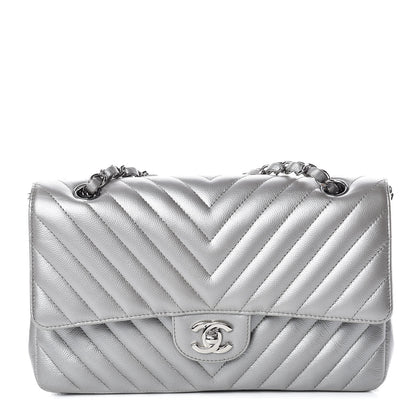 Chanel Metallic Caviar Chevron Quilted Medium Double Flap Silver 1 of 10