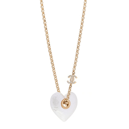 Chanel Crystal Pearl CC Heart Pendant Necklace Gold 1 of 6