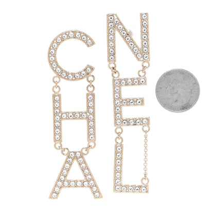 Chanel Crystal Cha-Nel Logo Drop Earrings Gold 2 of 5