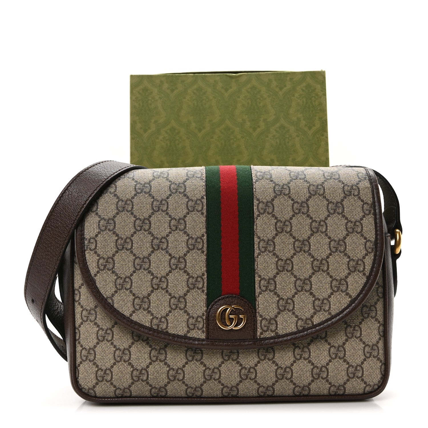 Gucci GG Supreme Monogram Textured Dollar Calfskin Web Ophidia Flap Shoulder Bag  Beige Ebony New Acero 11 of 11