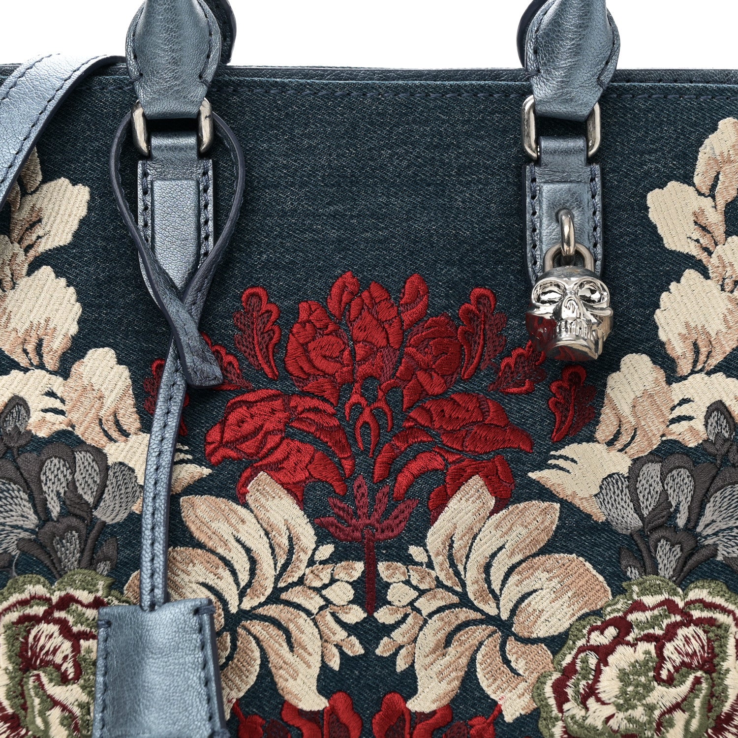 Alexander McQueen Denim Floral Embroidered Small Skull Padlock Zip Around Tote Blue Multicolor 8 of 10