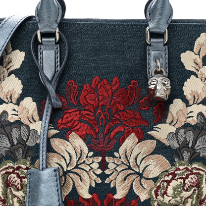 Alexander McQueen Denim Floral Embroidered Small Skull Padlock Zip Around Tote Blue Multicolor 8 of 10