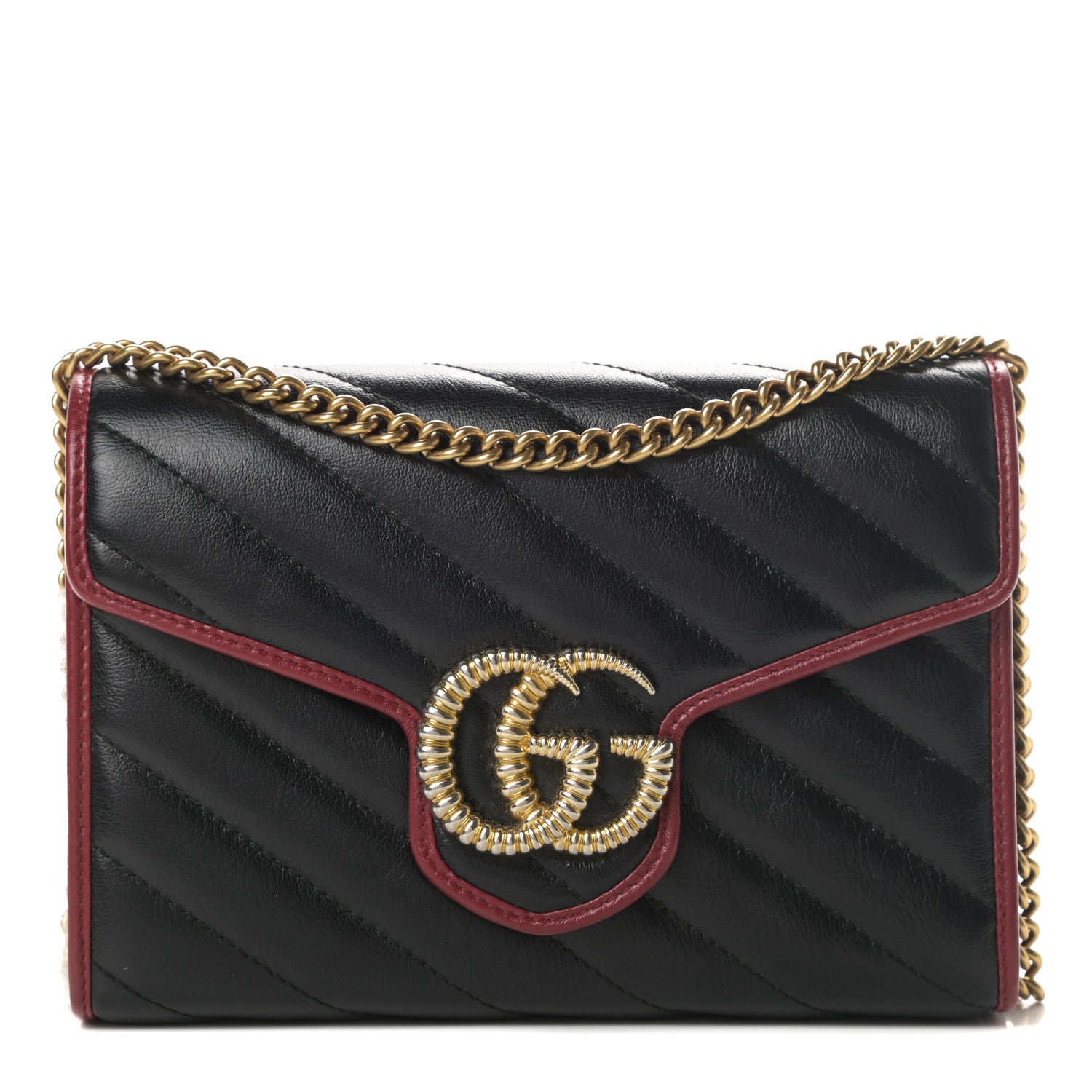 Gucci Vintage Effect Calfskin Matelasse Diagonal Torchon GG Marmont Chain Wallet Black Romantic Cherry 1 of 10