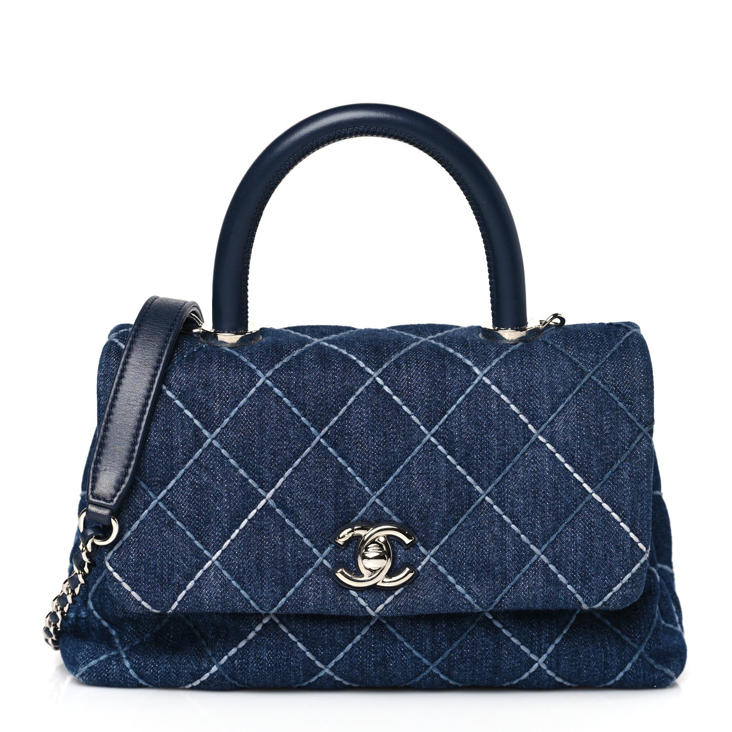 Denim Quilted Mini Coco Handle Flap Blue