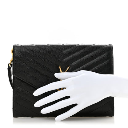 Saint Laurent Grain De Poudre Matelasse Chevron Monogram Envelope Clutch Black 2 of 9