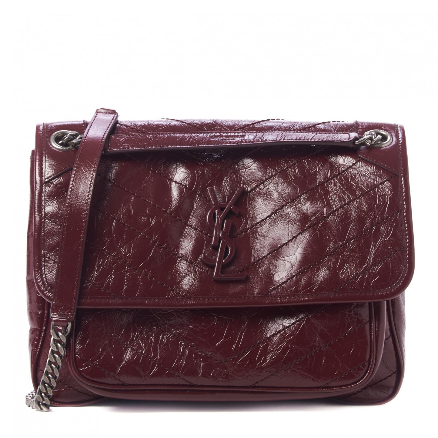 Crinkled Calfskin Matelasse Monogram Medium Niki Chain Satchel Burgundy