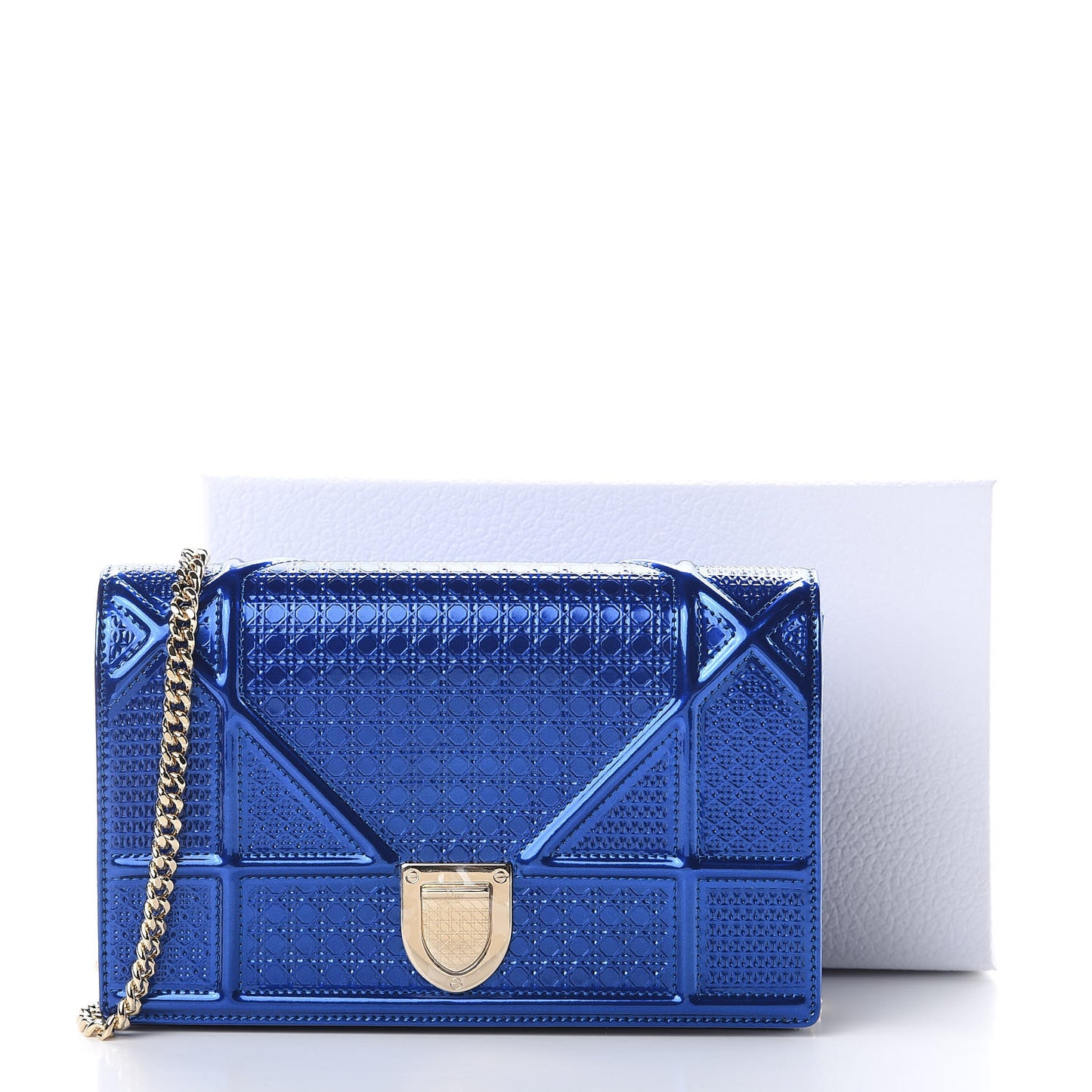 Metallic Patent Micro-Cannage Diorama Wallet on Chain Pouch Mirror Blue
